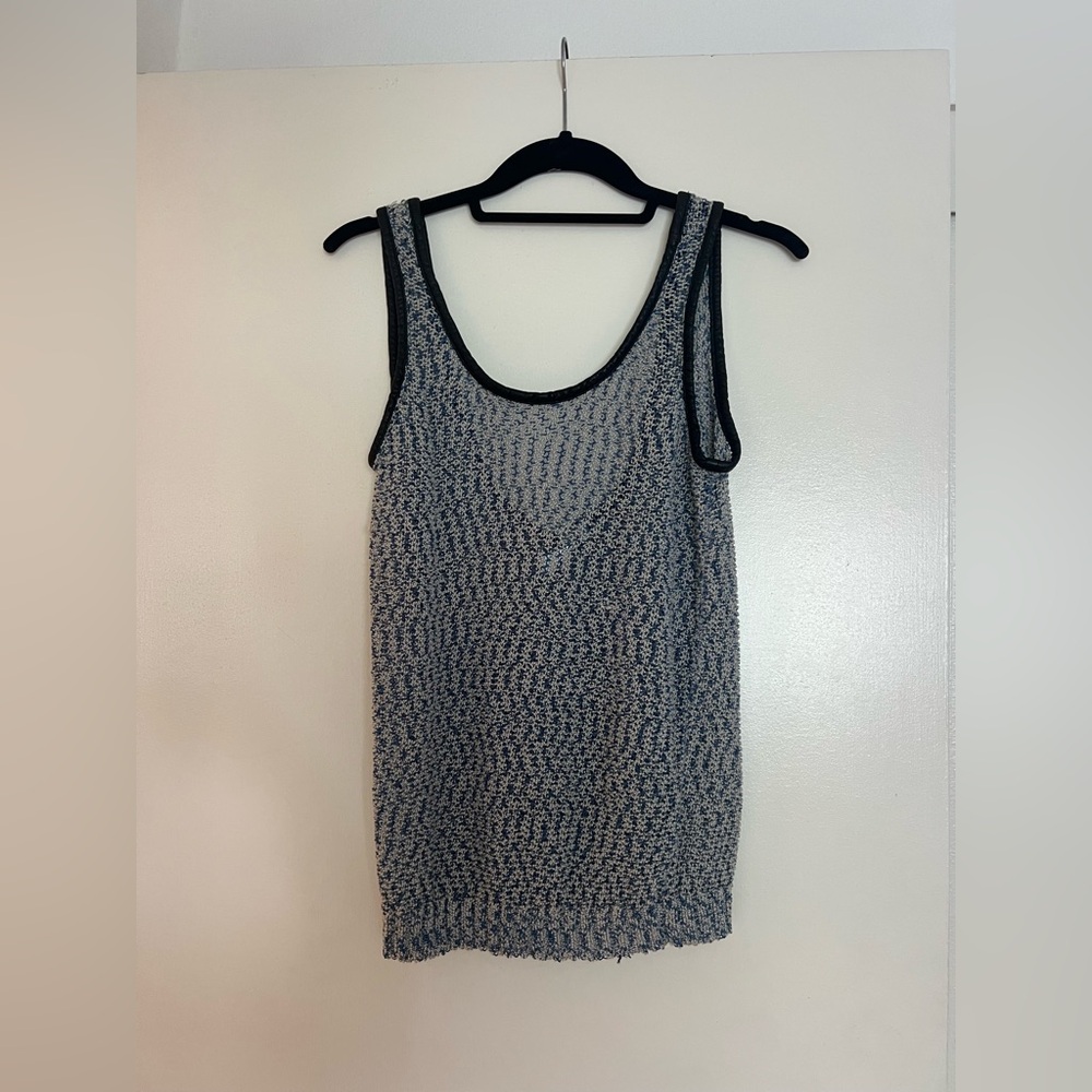 Chic Black and Blue Tweed & Leather Sleeveless Tank Top, Low Back